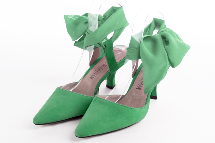 Emerald green women's open back shoes, with an ankle scarf. Tapered toe. Medium spool heels. Front view - Florence KOOIJMAN
